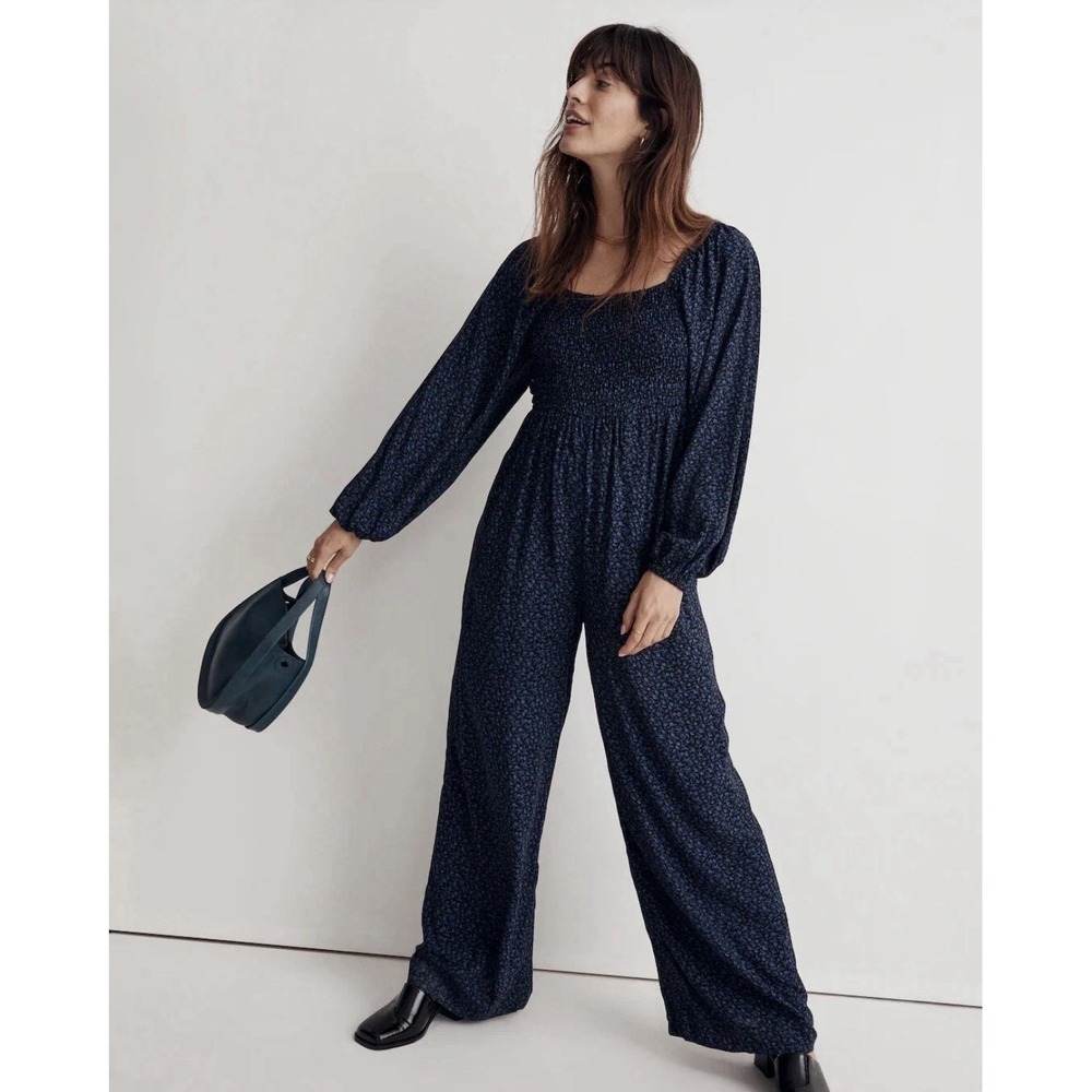 Madewell Jumpsuit Women M Blue Floral Smocked Lucie Tie Back Wide Leg